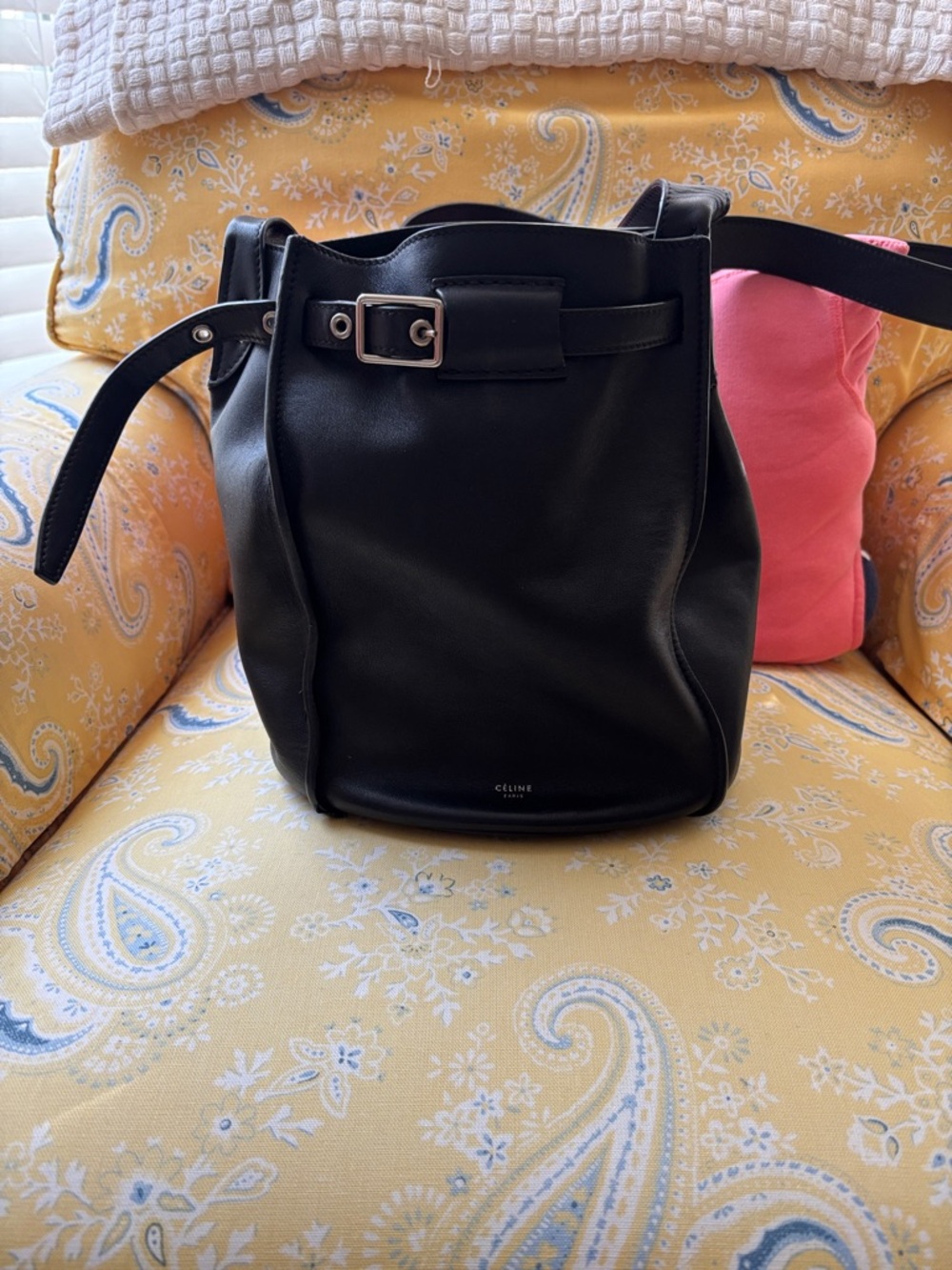 Celine styled/inspired Black Leather Bucket Shoulder Bag with Buckle Detail